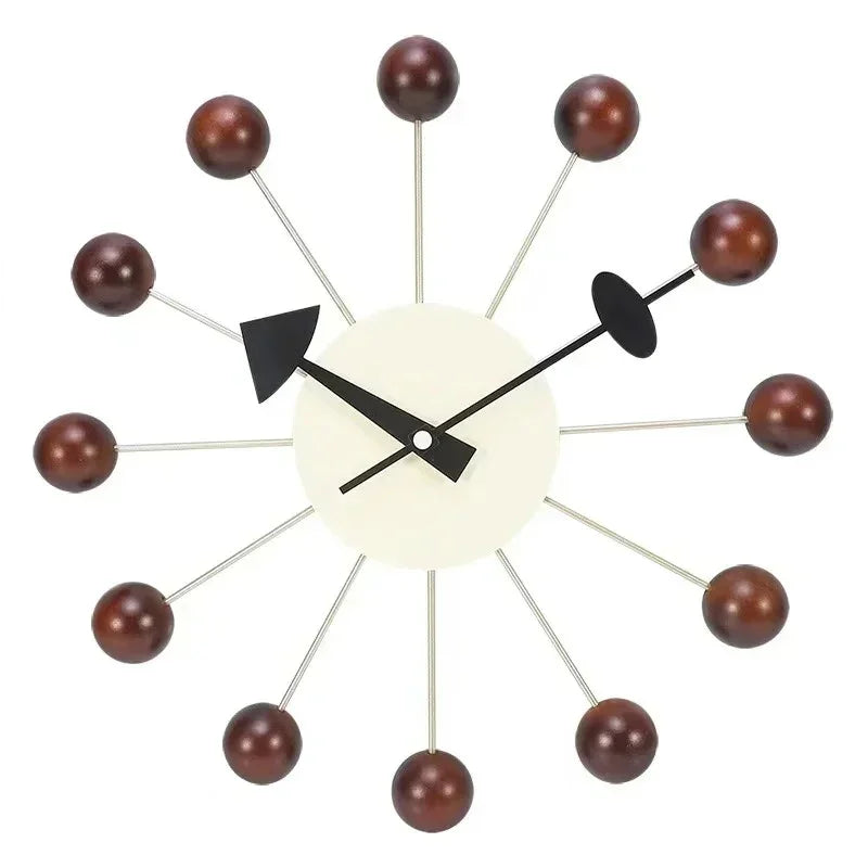 Retro Houten Ballenklok - Stille Wandklok met Metalen Frame