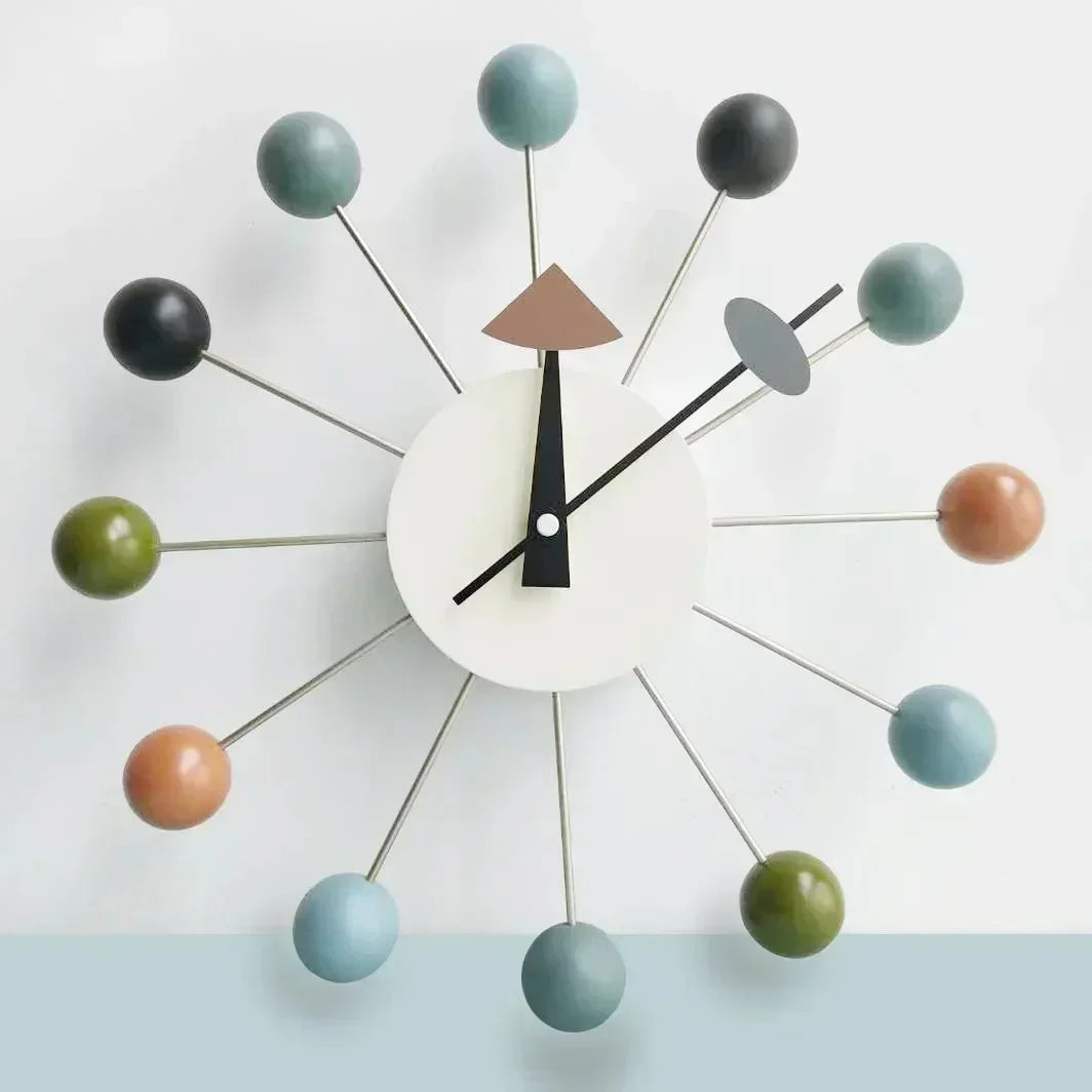 Retro Houten Ballenklok - Stille Wandklok met Metalen Frame