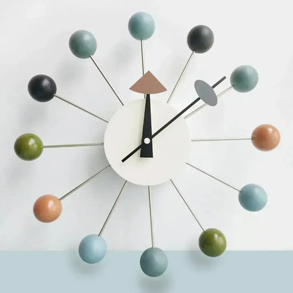 Retro Houten Ballenklok - Stille Wandklok met Metalen Frame