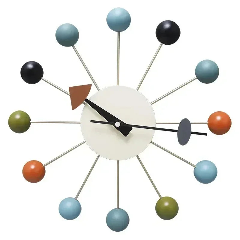 Retro Houten Ballenklok - Stille Wandklok met Metalen Frame