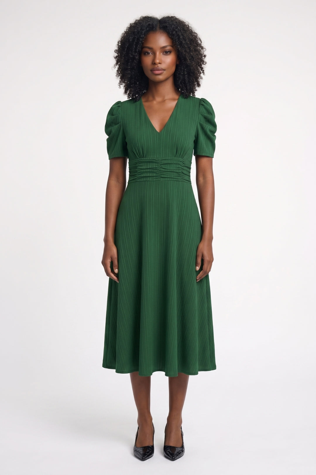 Elegante Midi Jurk met Pofmouwen - Getailleerd V-hals Design