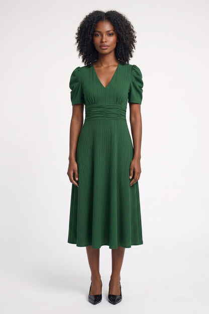 Elegante Midi Jurk met Pofmouwen - Getailleerd V-hals Design