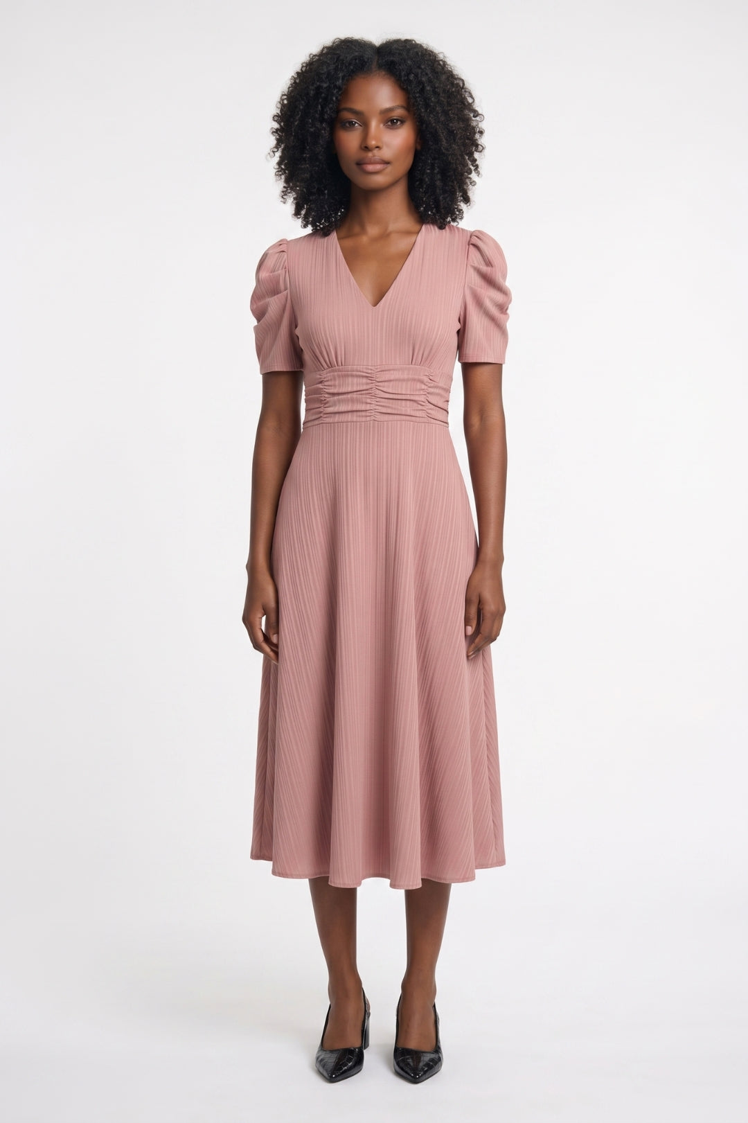 Elegante Midi Jurk met Pofmouwen - Getailleerd V-hals Design