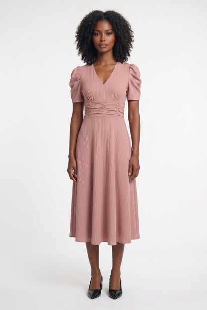 Elegante Midi Jurk met Pofmouwen - Getailleerd V-hals Design