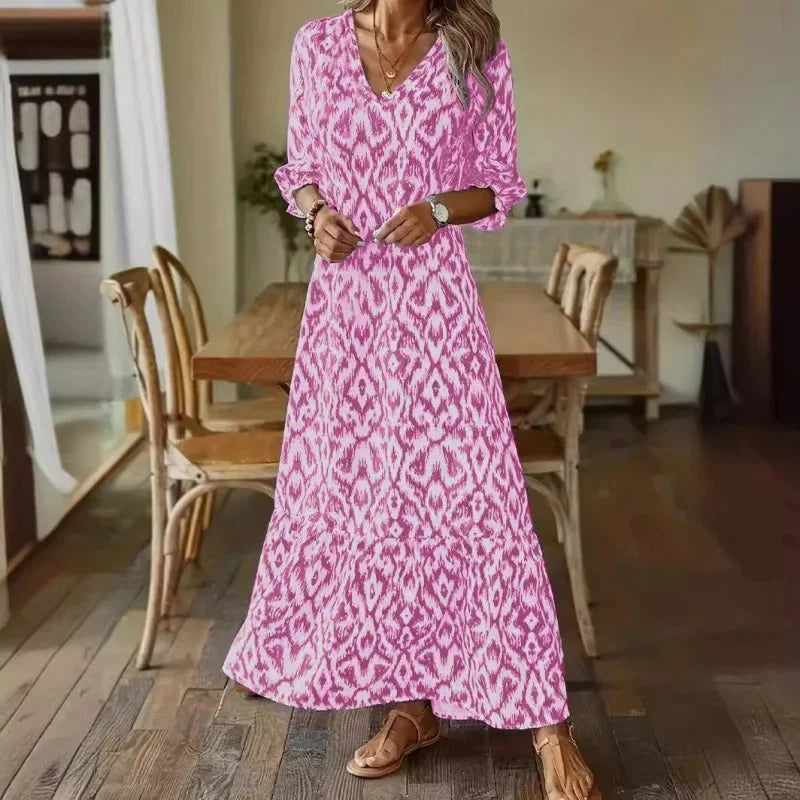 BreezeLuxe Flowy Zomerjurk met V-Hals en Opgerolde Mouwen