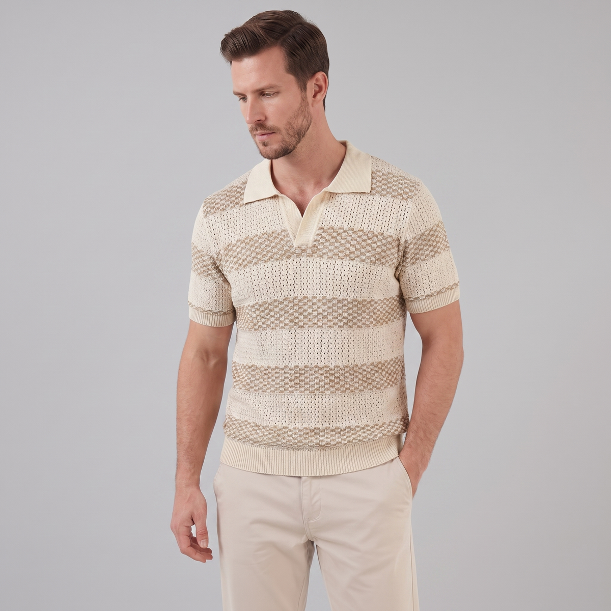 Gebreide Poloshirt met Open-Knit Textuur - Heren Lange Mouwen
