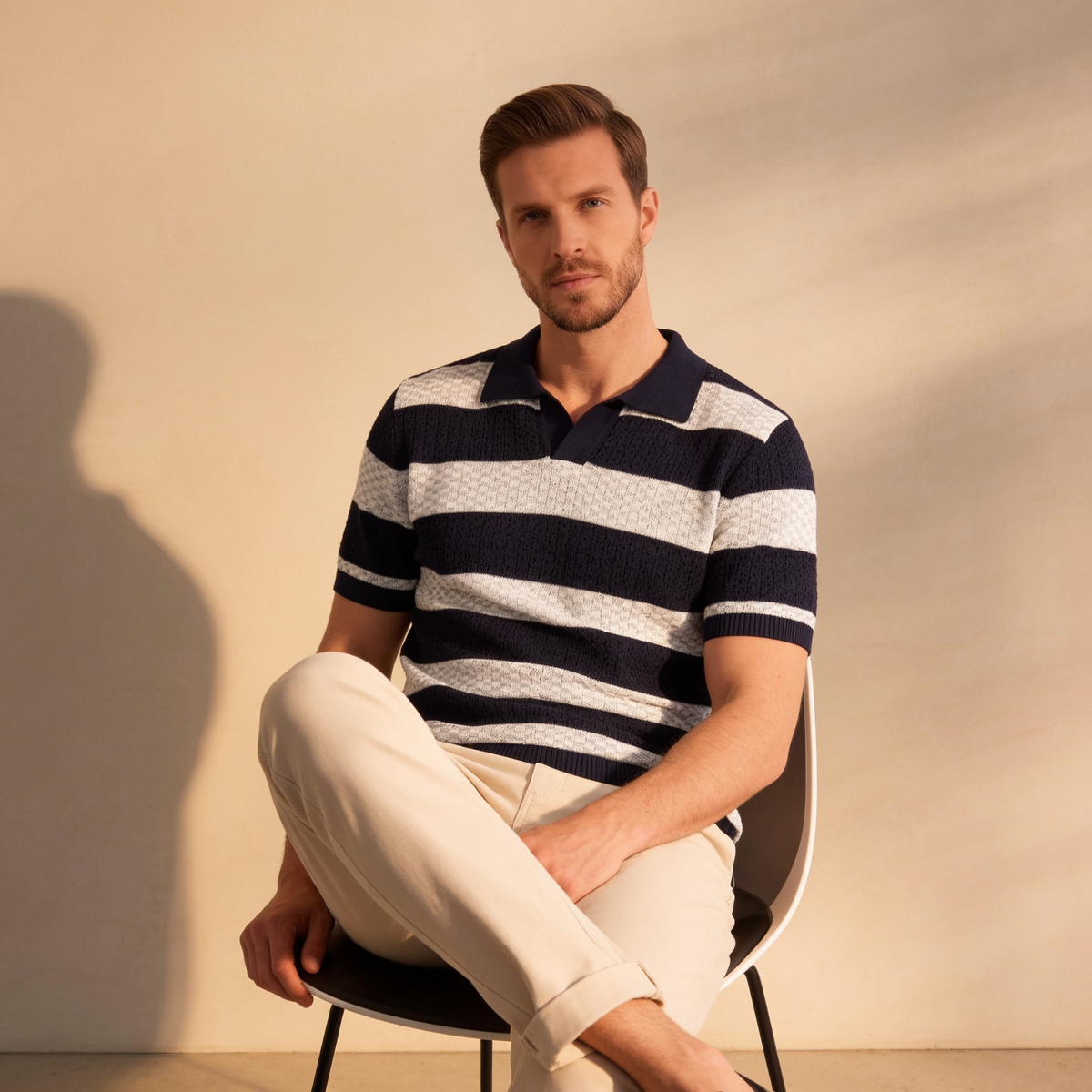 Gebreide Poloshirt met Open-Knit Textuur - Heren Lange Mouwen