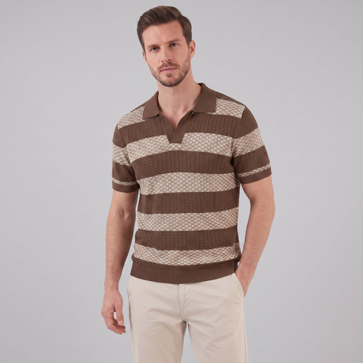 Gebreide Poloshirt met Open-Knit Textuur - Heren Lange Mouwen
