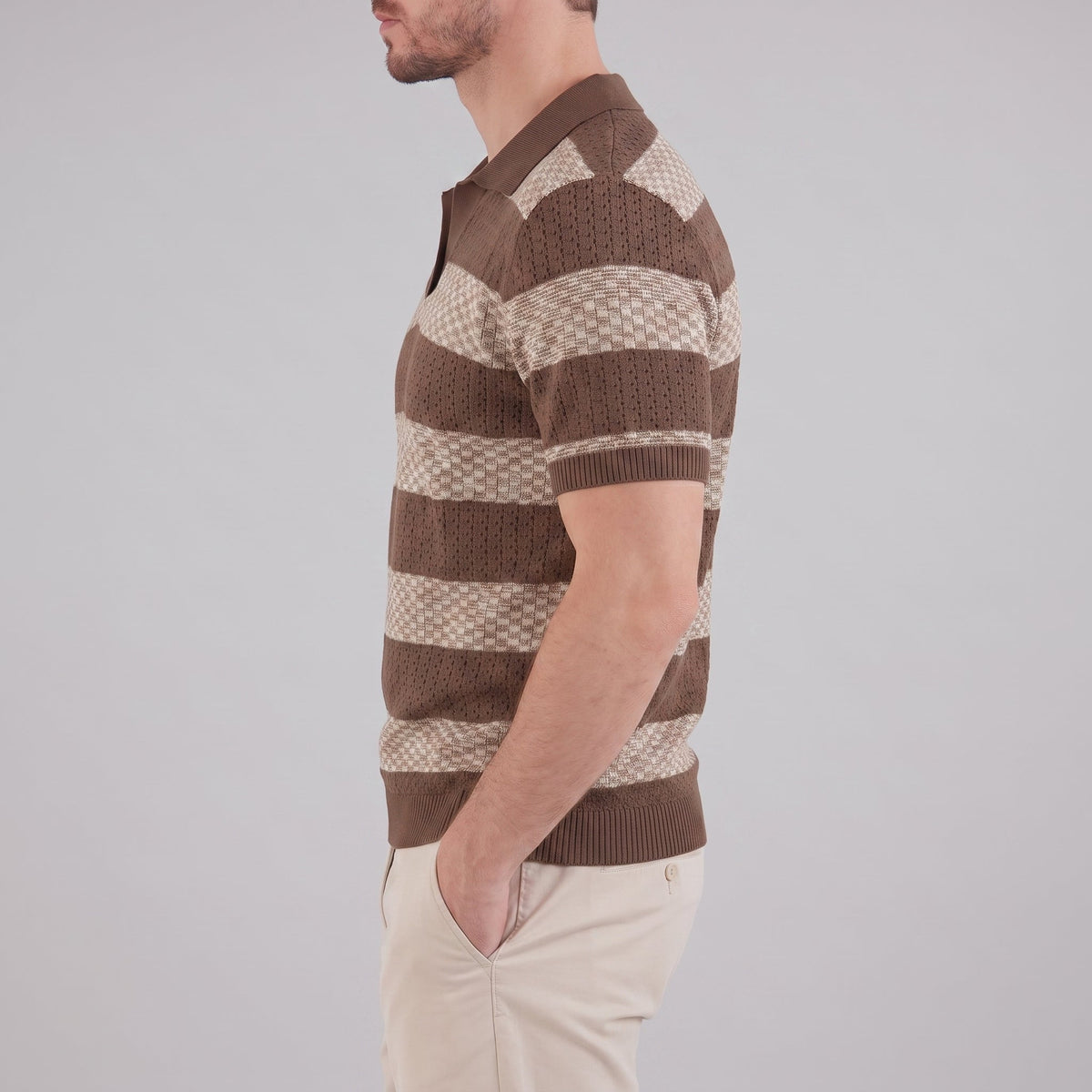 Gebreide Poloshirt met Open-Knit Textuur - Heren Lange Mouwen