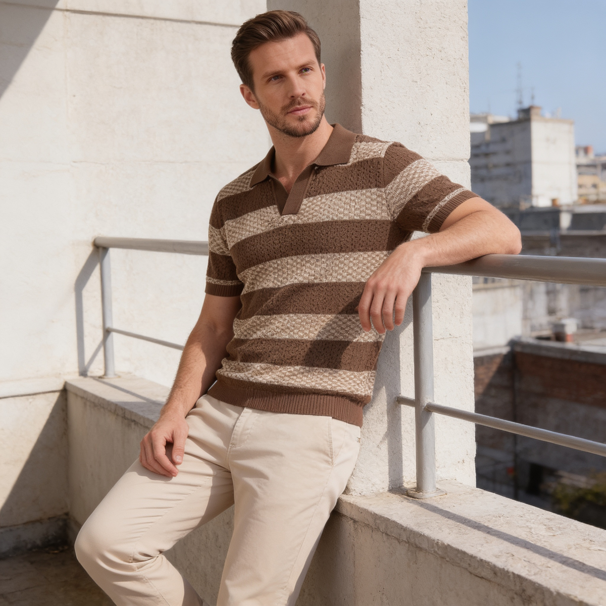 Gebreide Poloshirt met Open-Knit Textuur - Heren Lange Mouwen