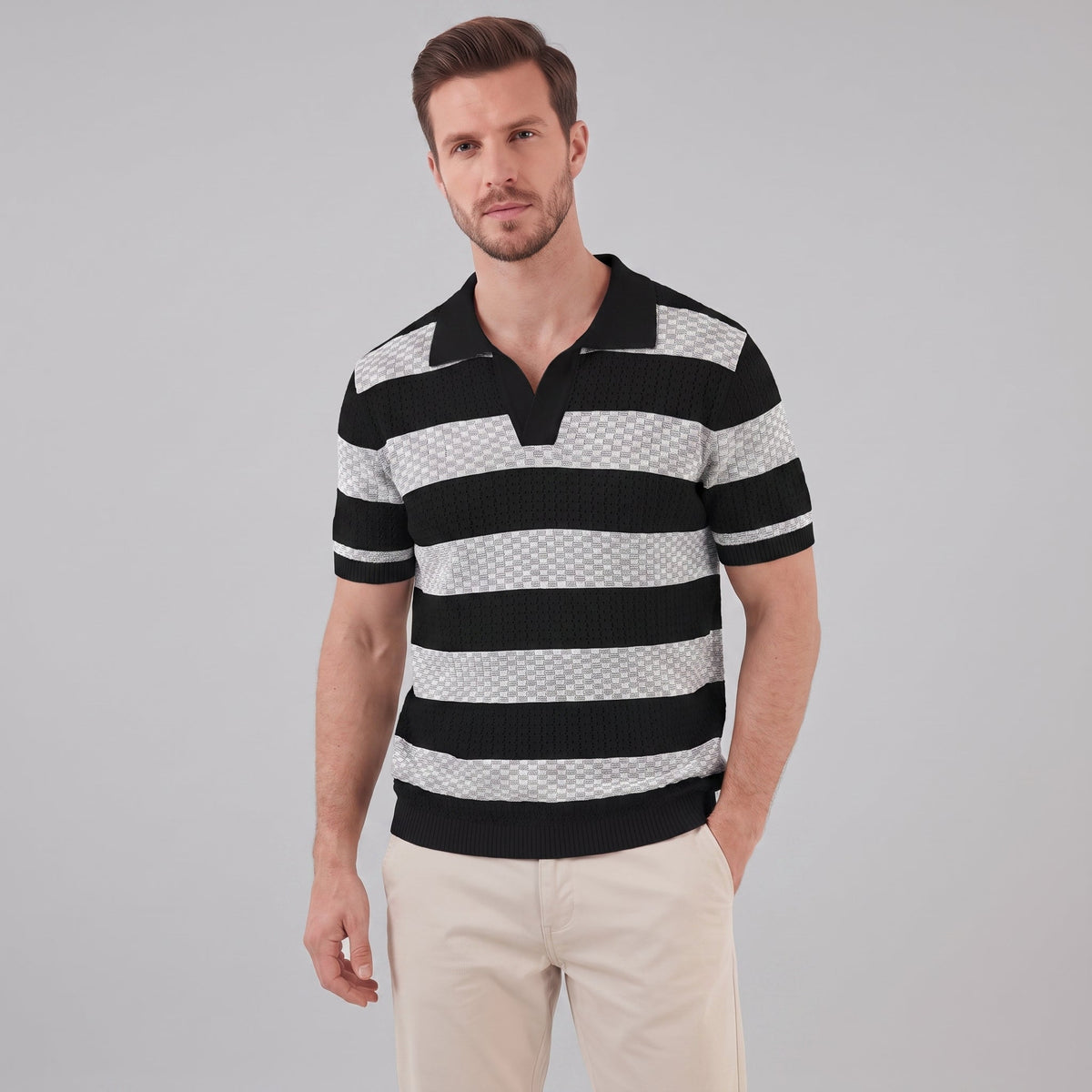 Gebreide Poloshirt met Open-Knit Textuur - Heren Lange Mouwen