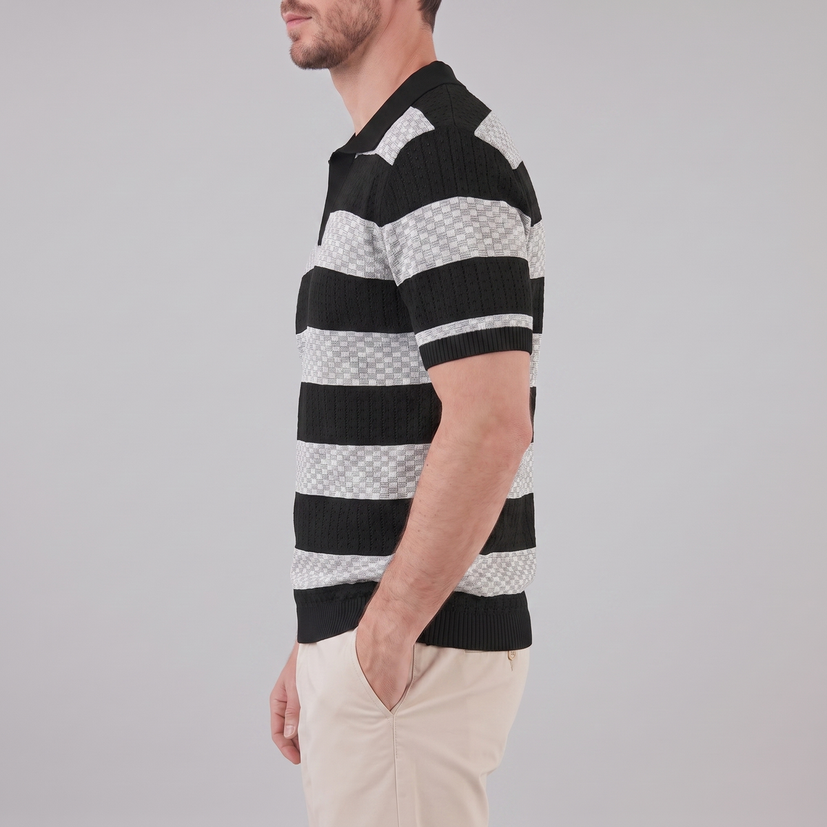 Gebreide Poloshirt met Open-Knit Textuur - Heren Lange Mouwen