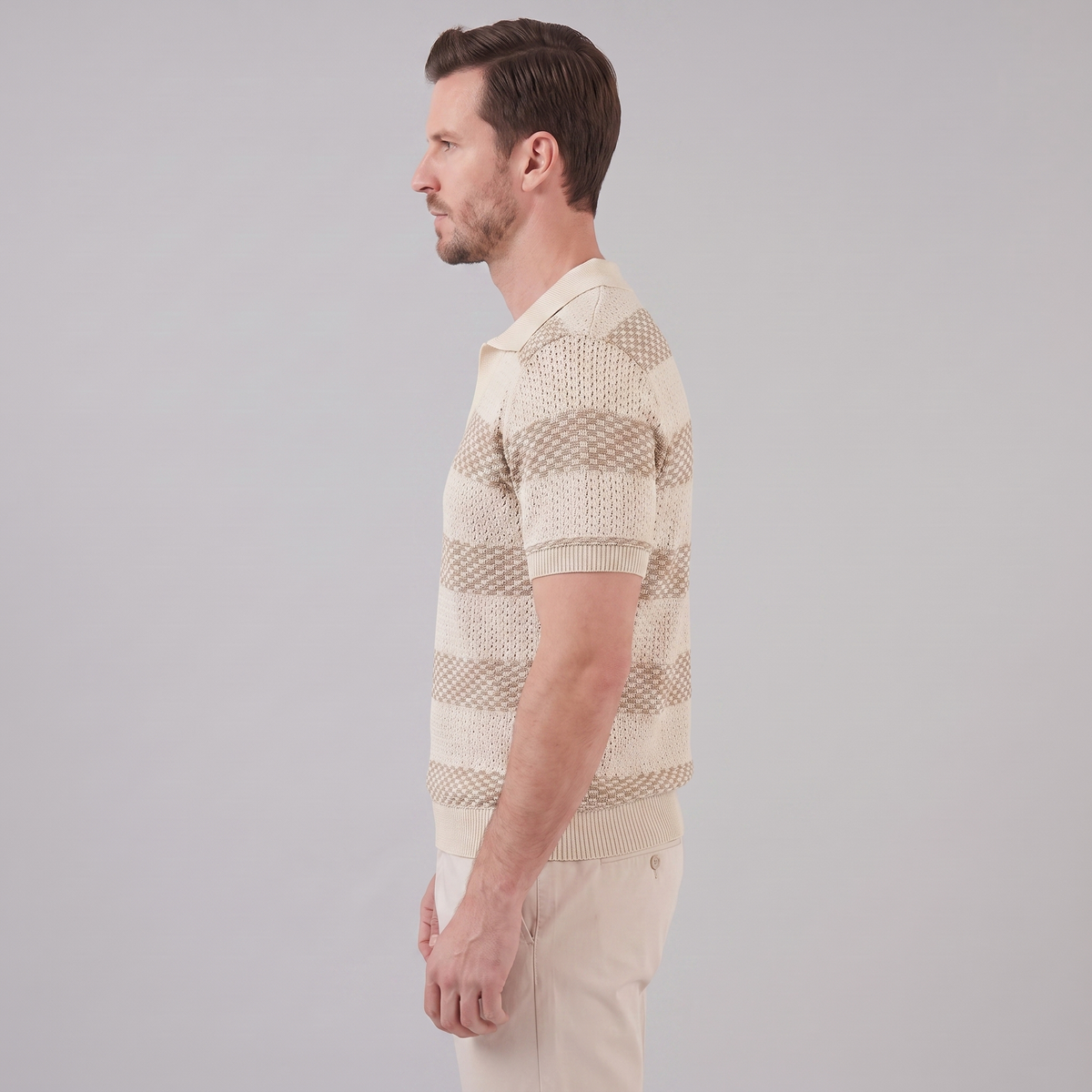 Gebreide Poloshirt met Open-Knit Textuur - Heren Lange Mouwen