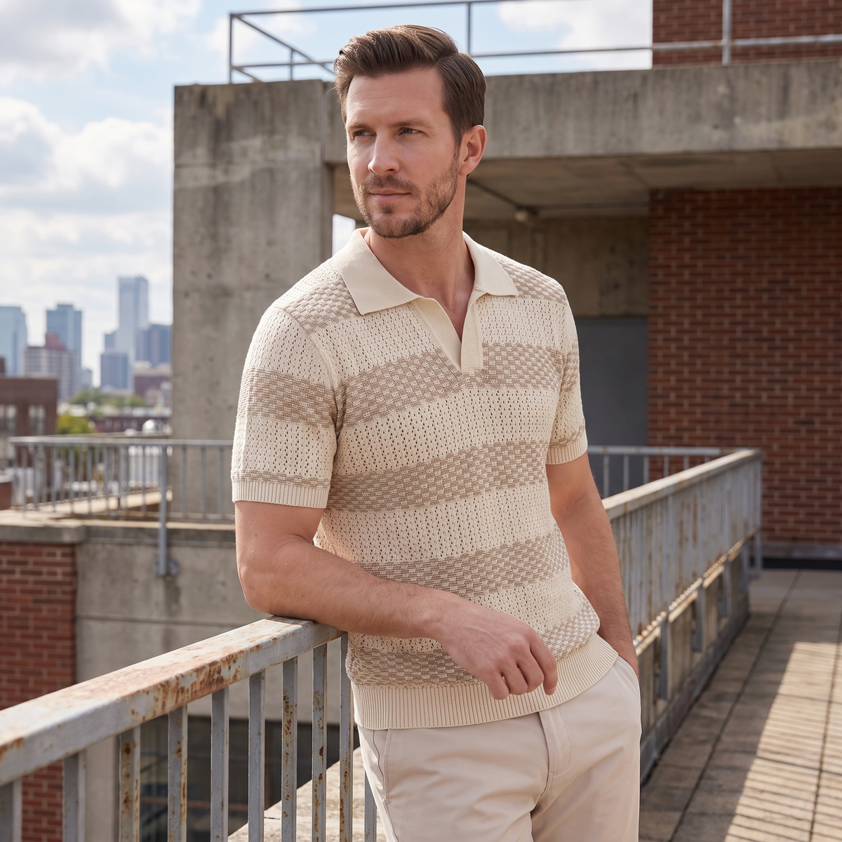 Gebreide Poloshirt met Open-Knit Textuur - Heren Lange Mouwen