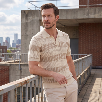 Gebreide Poloshirt met Open-Knit Textuur - Heren Lange Mouwen