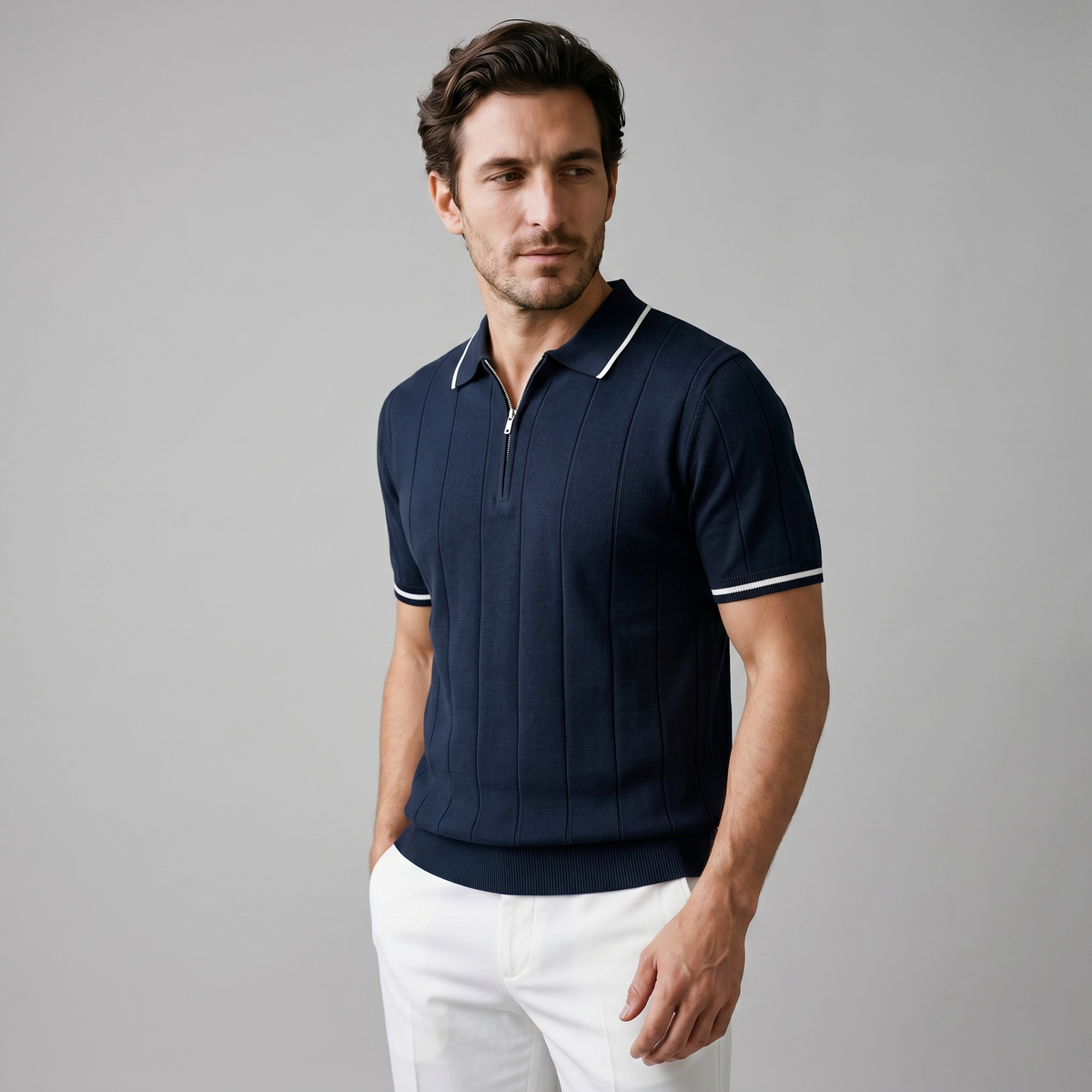 Verticale Streep Ritssluiting Poloshirt Heren - Slim Fit