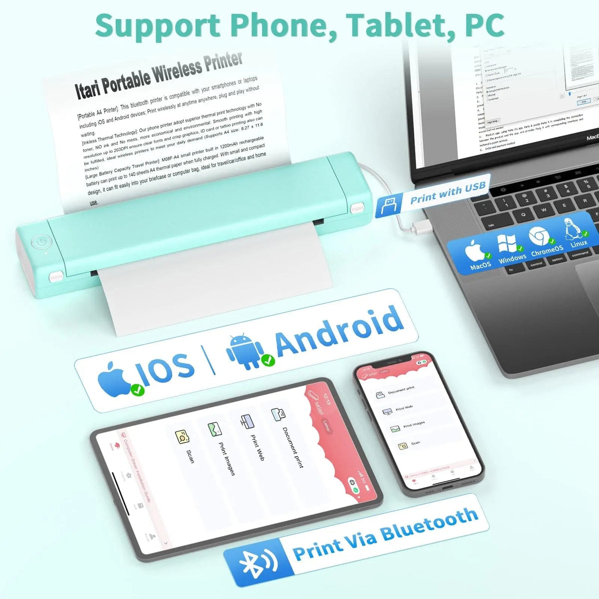 Draagbare A4 Thermische Printer met Bluetooth en Inktloze Afdrukken