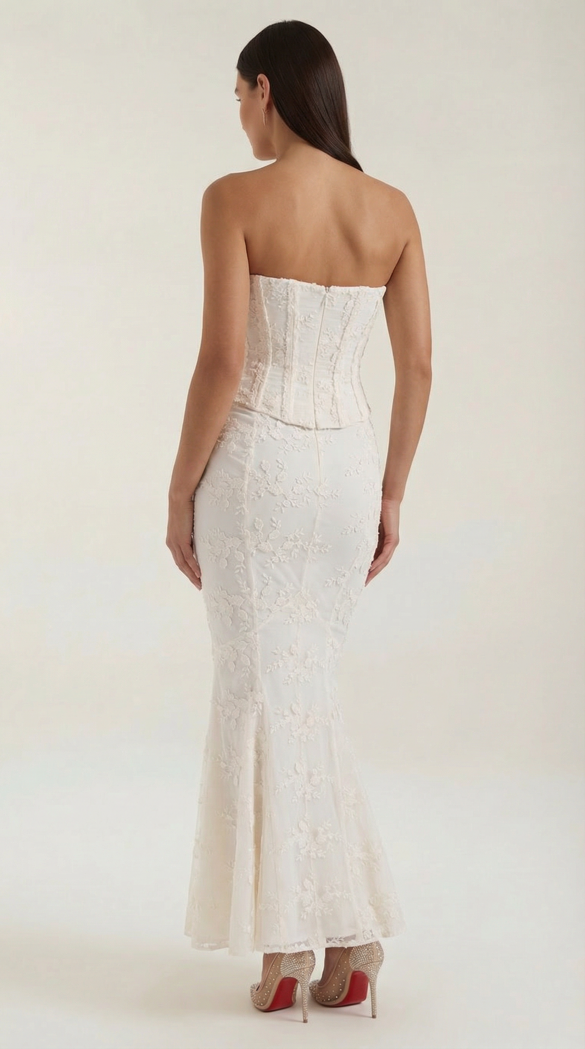 Elegante zeemeermin maxi-jurk met kanten lijfje en strapless hals