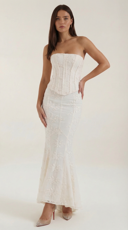 Elegante zeemeermin maxi-jurk met kanten lijfje en strapless hals