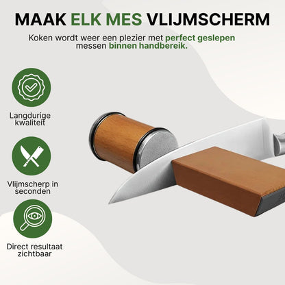 HoutScherp Messenslijper – Luxe Houten Slijper met Dubbelzijdige Schijf