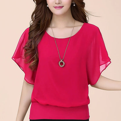 Elegante Dames Chiffon Blouse met Ruches en Vleermuismouwen – Luchtig en Stijlvol