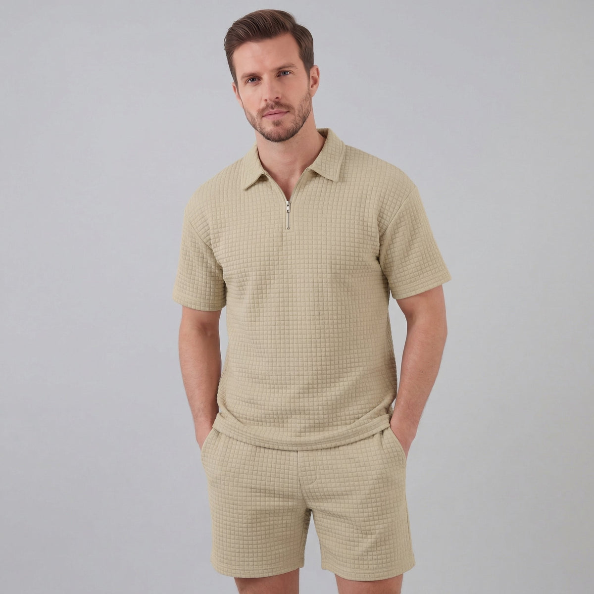 Zomerset Wafelknit Heren Half-Zip Polo met Shorts