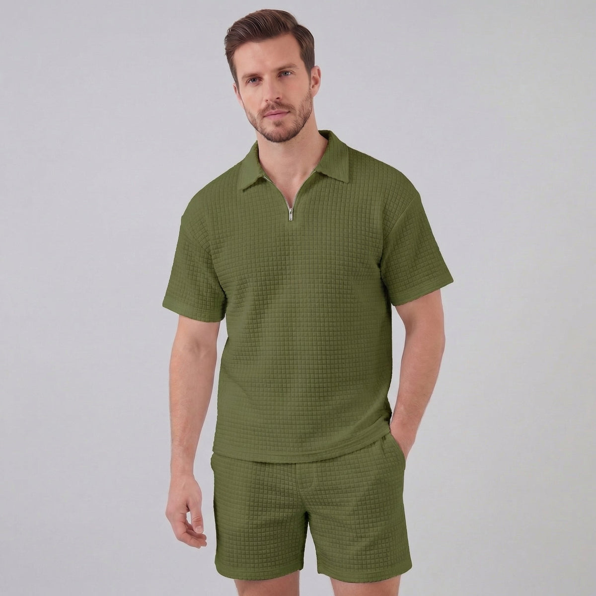Zomerset Wafelknit Heren Half-Zip Polo met Shorts