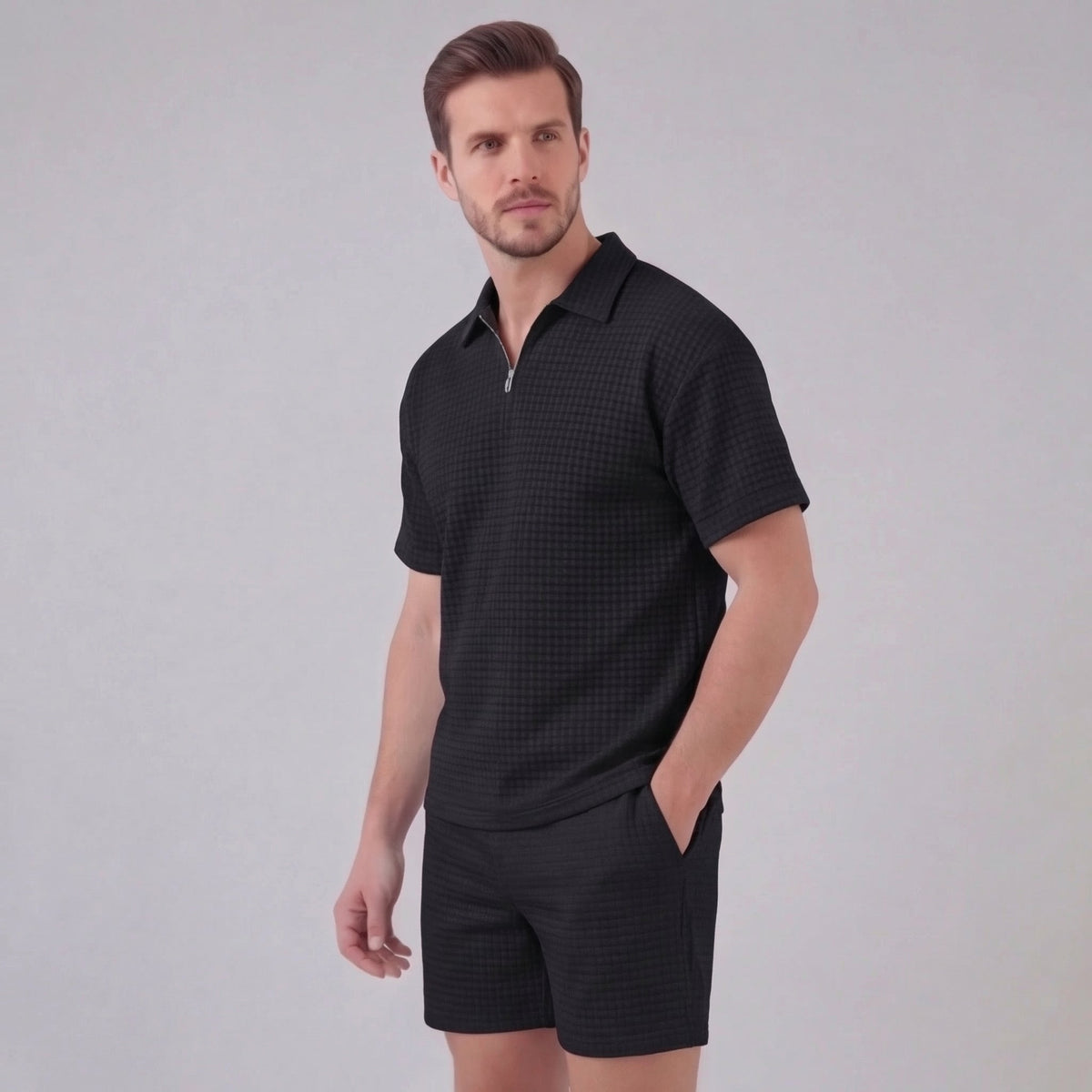 Zomerset Wafelknit Heren Half-Zip Polo met Shorts
