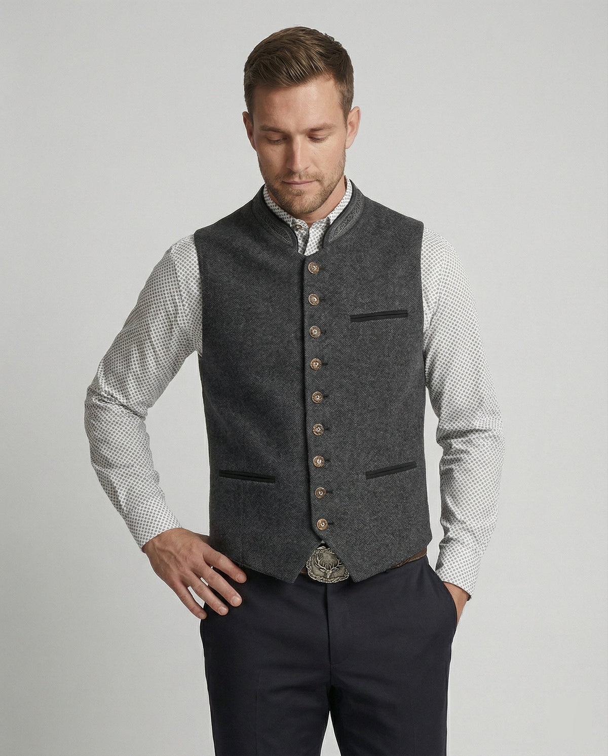 Grijze Haringbone Heren Gilet met Staande Kraag