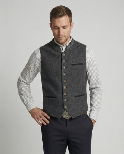 Grijze Haringbone Heren Gilet met Staande Kraag