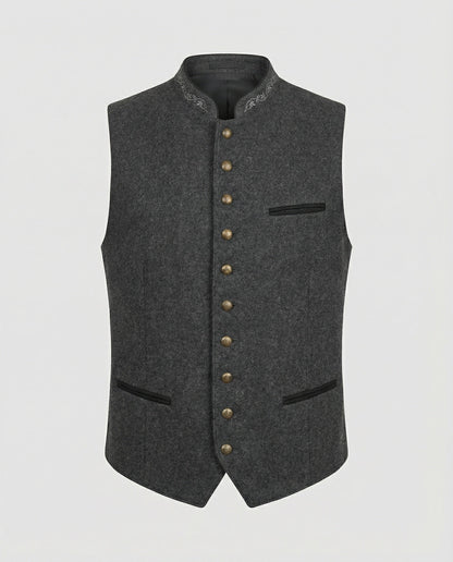 Grijze Haringbone Heren Gilet met Staande Kraag