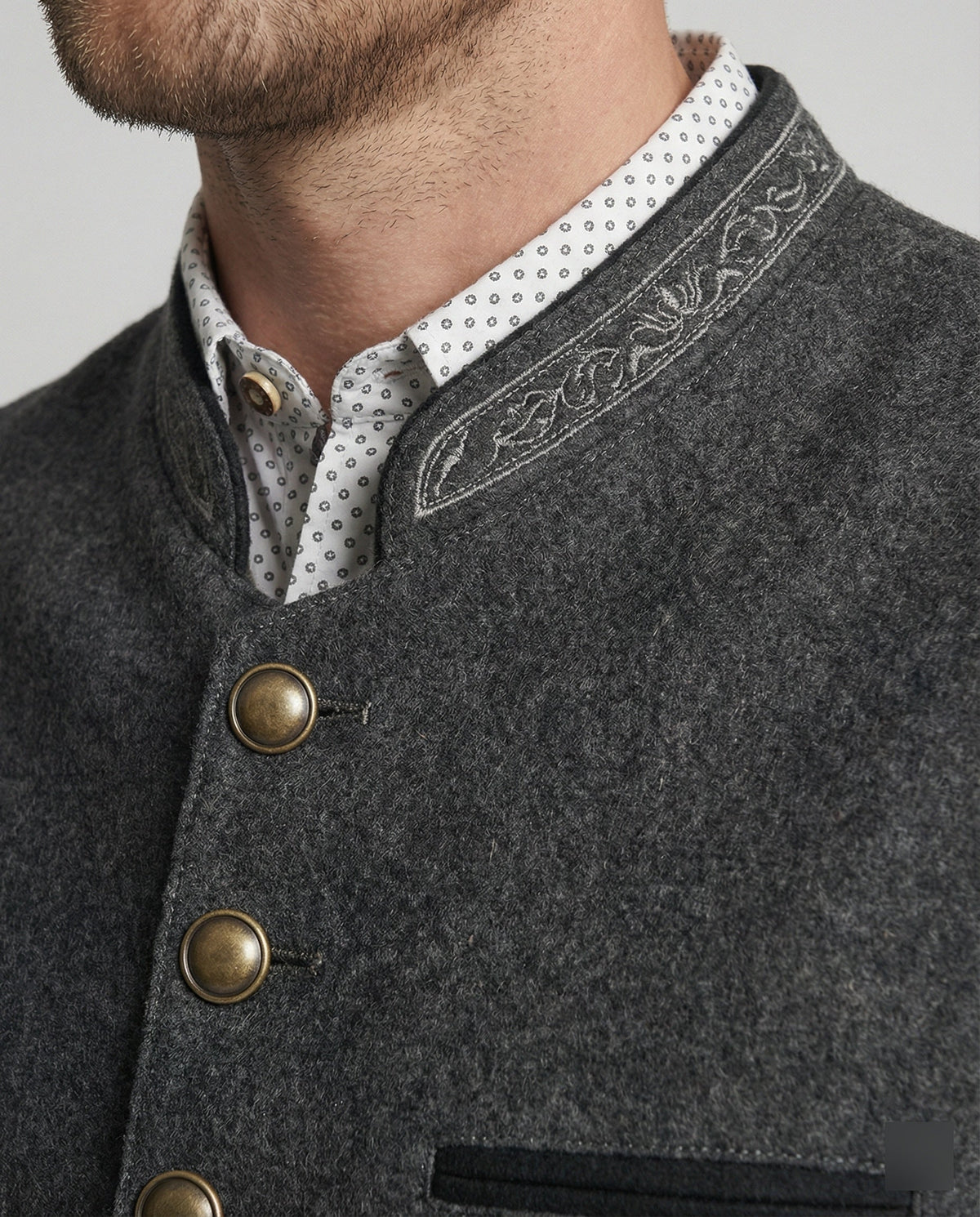 Grijze Haringbone Heren Gilet met Staande Kraag