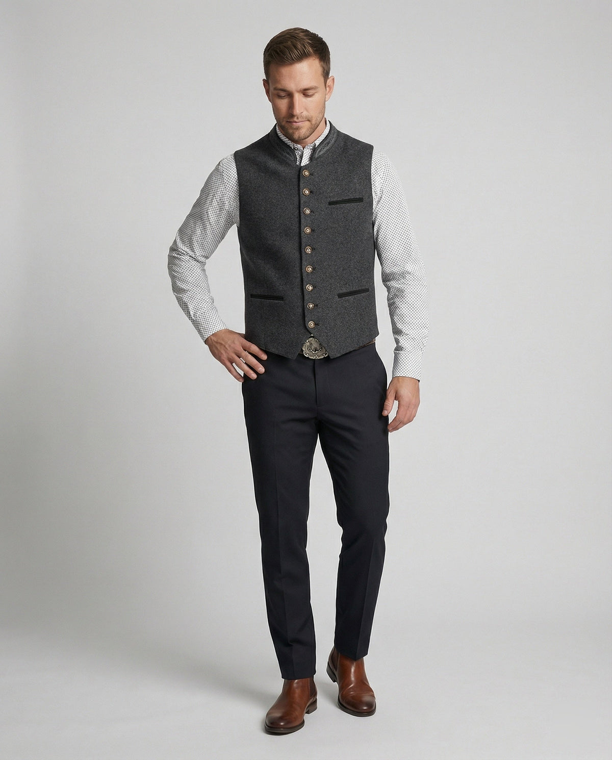 Grijze Haringbone Heren Gilet met Staande Kraag