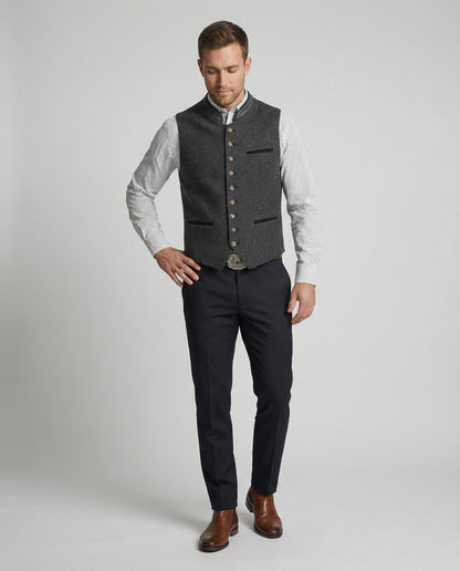 Grijze Haringbone Heren Gilet met Staande Kraag