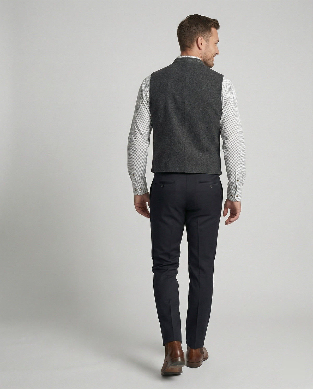 Grijze Haringbone Heren Gilet met Staande Kraag